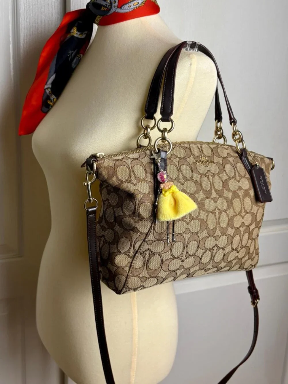 Coach Small Kelsey Satchel in Khaki Signature Jacquard, Leather Trim, Charm
